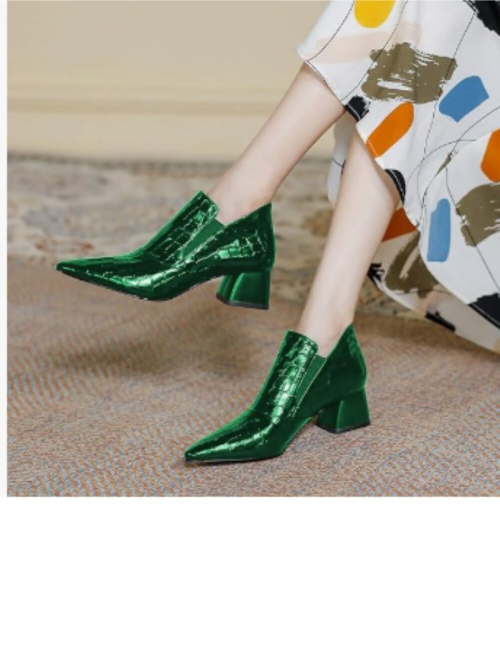 YDN Green Sexy Pointed Toe Ankle Boots Chunky Low Heel Booties Pull on Shoe
